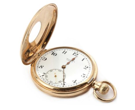 A 9ct gold Benson side wind half hunter pocket watch,48mm diameter, with a black enamel Roman numeral chapter ring to the fro