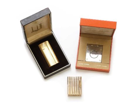 A cased gold plated Dunhill lighter,together with a cased Saint Hilaire cigar cutter, and a gold plated Dupont lighter (3)Con