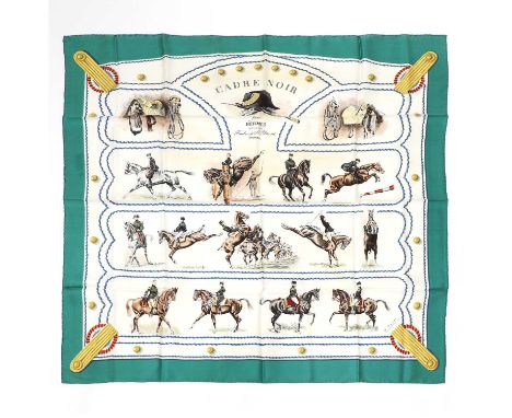 An Hermes vintage scarf, Cadre Noir,G. Margot, 1960, cream ground with green border, equestrian sceneCondition ReportThere ar