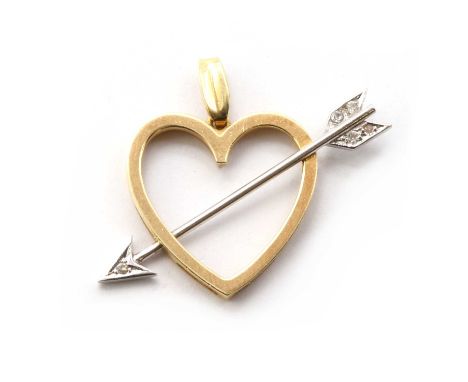 A two colour gold diamond set pendant,a yellow gold openwork heart, pierced by a white gold arrow, grain set to the head and 