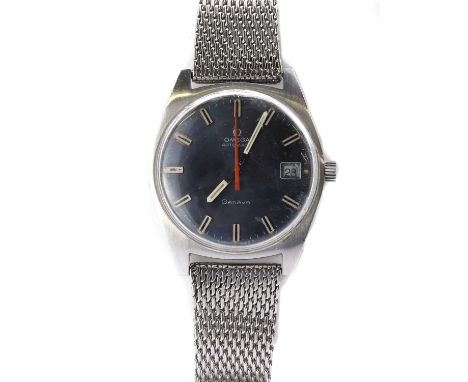 A stainless steel Omega automatic bracelet watch, 34.50mm diameter, with a blue dial with baton hour markers, date aperture a