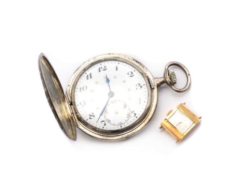 A silver niello side wind hunter pocket watch,49mm diameter, with a white enamel dial, black Arabian numerals, blued spade ha