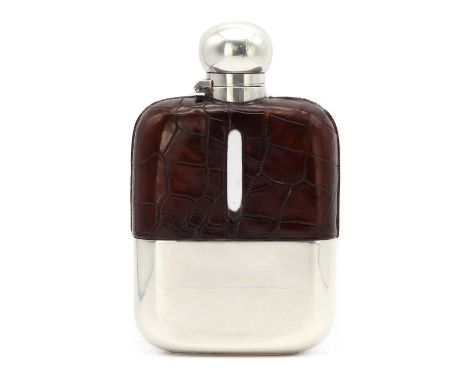 A silver mounted hip flask, by James Dixon &amp; Sons Ltd,retailed by Sam Lyon Junior, Jeweller Blackpool, with leather cover