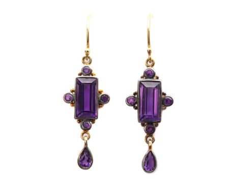 A pair of silver and gold amethyst drop earrings,a rectangular step cut amethyst with round mixed cut amethysts at the quarte