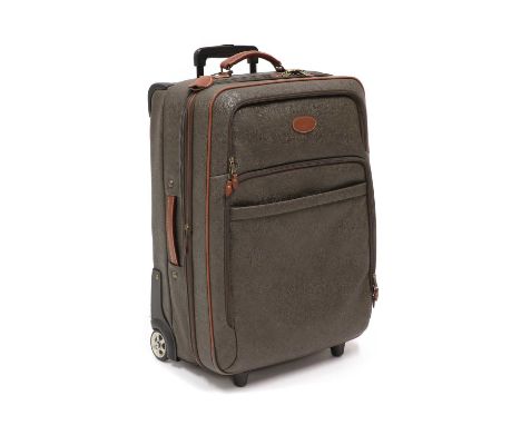 A Mulberry Scotchgrain large suitcase,with expandable section, tan leather detailing and luggage tag, with three front zipped