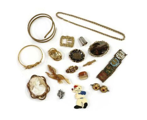 A collection of jewellery, to include a Victorian rolled gold black enamel memorial brooch, a gilt metal chased buckle, a sil