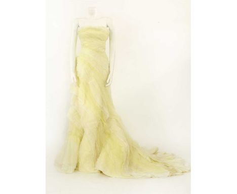 A Roberto Cavalli pale lime and cream couture strapless ballgown,handmade in light organza silk muslin and silk, embroidered 