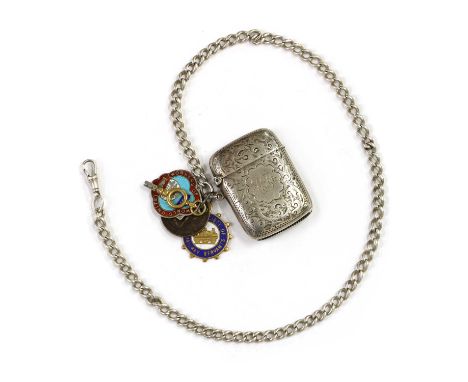 A silver curb link Albert chain, suspending a sterling silver vesta case, a drilled half penny, a silver enamel ‘National Uni
