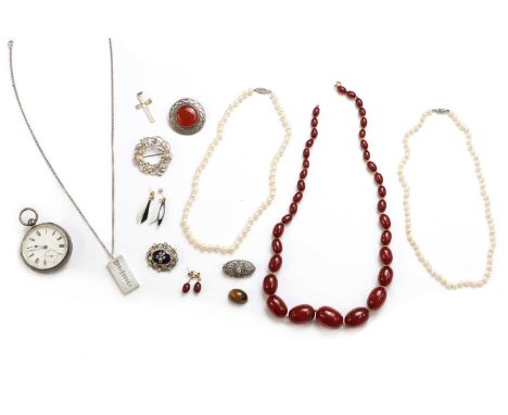 A collection of jewellery, to include a sterling silver key wound open faced pocket watch, London 1883, 132.90g, a sterling s