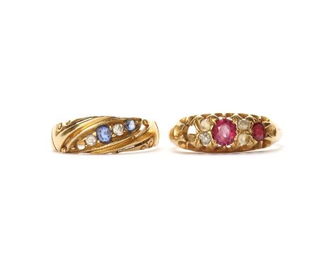 Two gold rings,comprising an Edwardian 18ct gold sapphire and diamond ring, one sapphire deficient, Birmingham 1906, and a Vi