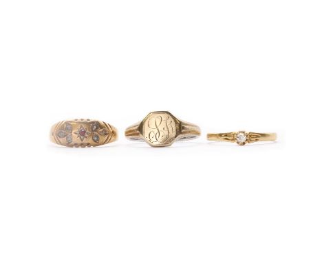 Three rings, comprising a gold single stone diamond ring, tested as approximately 18ct gold, 1.62g, a Victorian 15ct gold pas