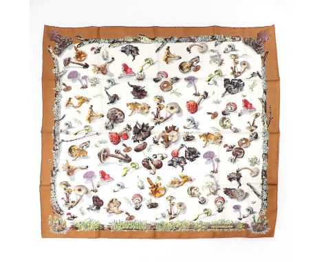 An Hermes vintage scarf, Champignons,A. Gavarni/Françoise De La Perrier, 1959, cream ground with brown borderCondition Report