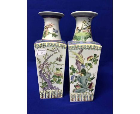 PAIR OF MID 20TH CENTURY CHINESE VASESof tapering square form, decorated with exotic birds and florals, red seal mark to base