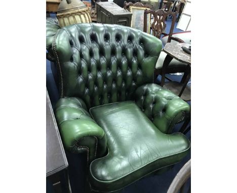 TWO GREEN BUTTON BACKED LEATHER ARMCHAIRS