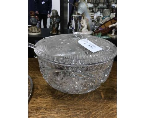 BOHEMIAN GLASS PUNCH BOWL SET with six cups, lidded bowl with ladle, bowl and a large tray