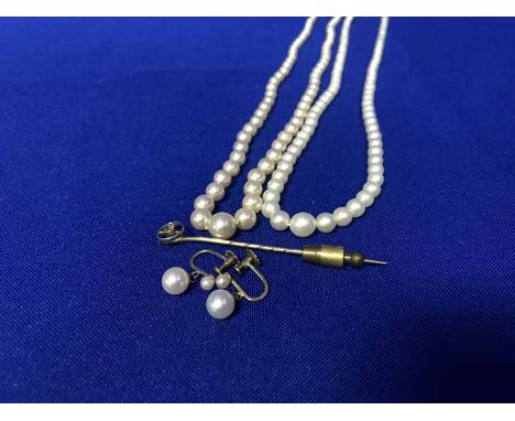 MIKIMOTO PEARL NECKLACE WITH SILVER CLASPalong with an Edwardian stick pin; a pearl necklace and a pair of nine carat gold pe