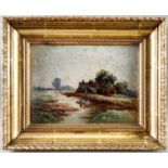 Unsigniertes Ölgemälde, Landschaft mit Boot, Haus und Fluss