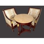 Empire Salon bestehend aus 2 Armlehnsesseln und Tisch, mit Karyatiden,