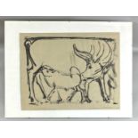 Croissant, Michael (1928-2002), Tusche Malerei Rind oder Kuh mit Kalb, mit Widmung