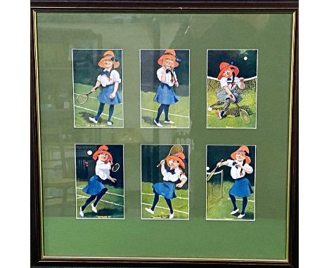 A framed and glazed set of early 20th century humorous tennis postcards, glazed to reverse, 43 x 43cm. Estimate: £15-30