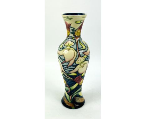 A Moorcroft pottery "Orchid Arabesque" pattern slender baluster vase designed by Emma Bossons, signed to the underside. 8.5cm