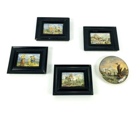A set of four 19th century rectangular Prattware style pot lids mounted in ebonised frames. 13cms wide x 10cms deep (frame si