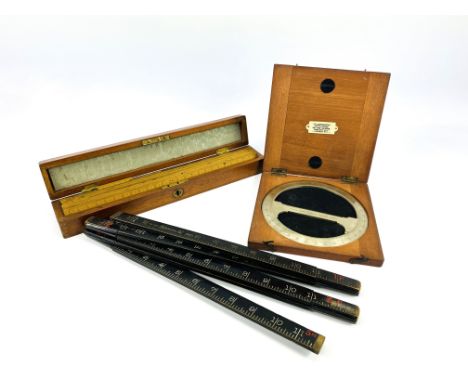 A group of three items to include a small mahogany cased steel protractor by "Stanley,Great Turnstile, Holborn,London" (17.5c