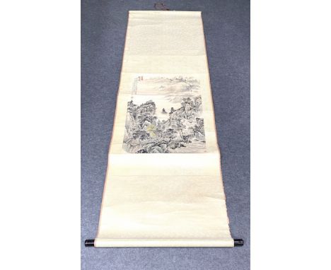 A Chinese scroll with ink and watercolour mountain scene, written to top left, 67 x 48cm. Estimate: £30-50