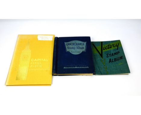 A collection of three stamp albums to include The Victory stamp album; together with The quick change stamp album and the Cap
