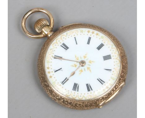 A 14ct gold fob watch enamelled to the case back with a blue bird and flowers and with an enamel dial.
