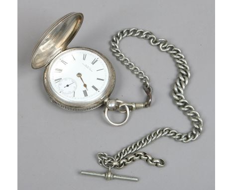 A Victorian full hunter pocket watch with white enamel dial subsidiary seconds (AF) on single Albert chain.