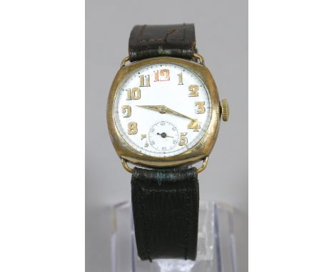 A gents manual gold plate wristwatch with white enamel dial and second subsidiary dial.