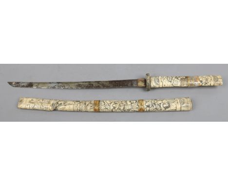 A Japanese late Meiji period Katana with bone mounted handle and scabbard carved with figures. AF