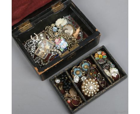 An antique jewellery box and assorted vintage costume jewellery including guard chain white paste examples and micro mosaic e