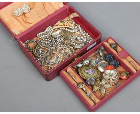 A Jewellery box and collection of vintage costume jewellery including white paste examples, micro mosaic and enamel.