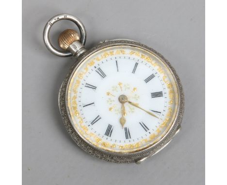 A Swiss fob watch in engraved silver case and with enamel dial.