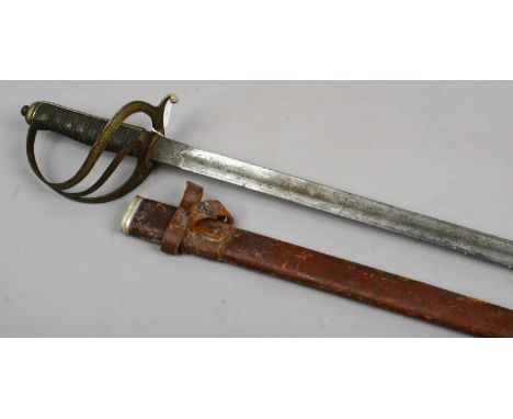 A George V officers sword with leather mounted scabbard etched to blade maker C. Boyton & Son Clerkenwell.