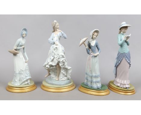 Two Lladro figures of maidens, a Nao figure of a dancing girl and a similar Valencia figure.
