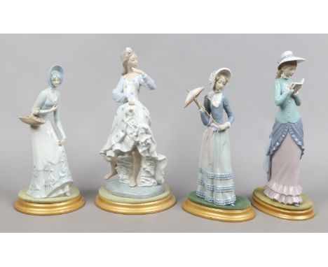 Two Lladro figures of maidens, a Nao figure of a dancing girl and a similar Valencia figure.