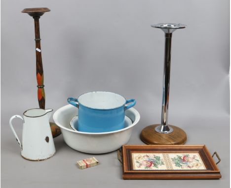 A collection of enamel wares, two smokers stands and a tiled tray.