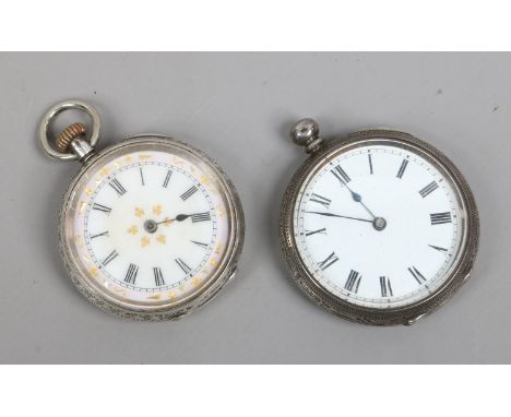 Two Swiss engraved silver fob watches with enamel dials (AF).