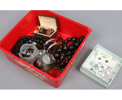 A box of mixed costume jewellery including cufflinks and white metal bangle etc.
