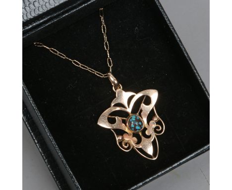 A 9ct gold Art Nouveau openwork pendant on chain set with turquoise.