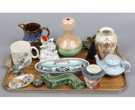 A tray of mostly ceramics including Wade, Beswick, Crown Devon, Staffordshire, Hammersley etc.