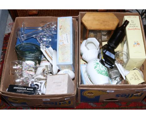 Two boxes of miscellaneous to include Royal Doulton Bunnykins, Aynsley, Wedgwood, cased butterfly display, vintage glass stor