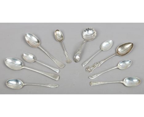 Ten decorative silver spoons various assay offices and including Victorian examples and one caddy spoon with mask decorated h