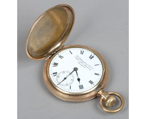 A rolled gold full hunter pocket watch with enamel dial signed W. Lancaster & Co.