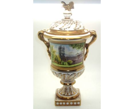 Coalport limited edition Princess Anne Royal Wedding commemorative urn with eagle finial, painted panel signed H Lear, number