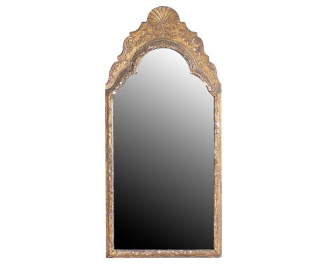 AN 18TH CENTURY GILT GESSO PORTRAIT PIER GLASS WALL MIRROR. The shell capped shaped rectangular frame with trailing acanthus 