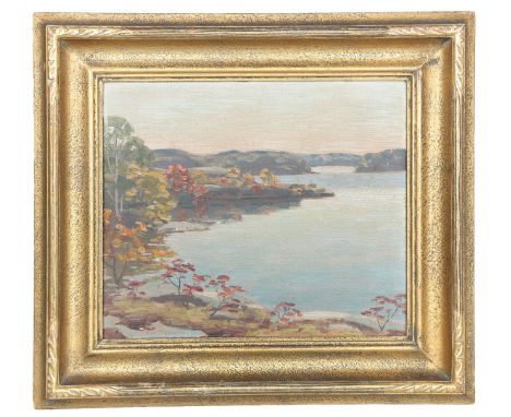 GEORGE THOMSON (BRITISH 1860-1939) "A FINE DAY ON LAKE MUSKOKA". Oil on board, signed lower left, housed within a gilt frame 